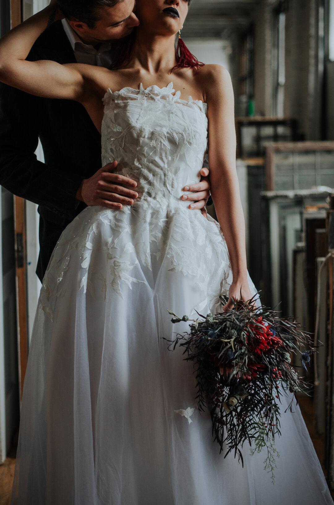 Gothic Romance in Three Story Vintage Warehouse captured by Allie Appeal and styled by Ariana Anderson featured on CHI thee WED. See more moody wedding ideas at CHItheeWED.com!