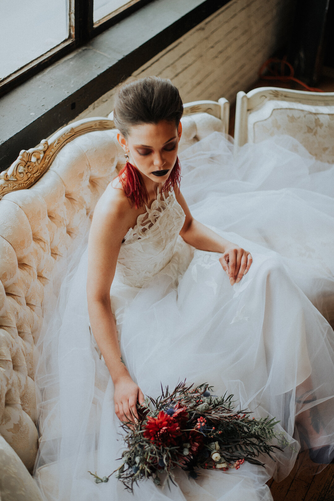 Gothic Romance in Three Story Vintage Warehouse captured by Allie Appeal and styled by Ariana Anderson featured on CHI thee WED. See more moody wedding ideas at CHItheeWED.com!