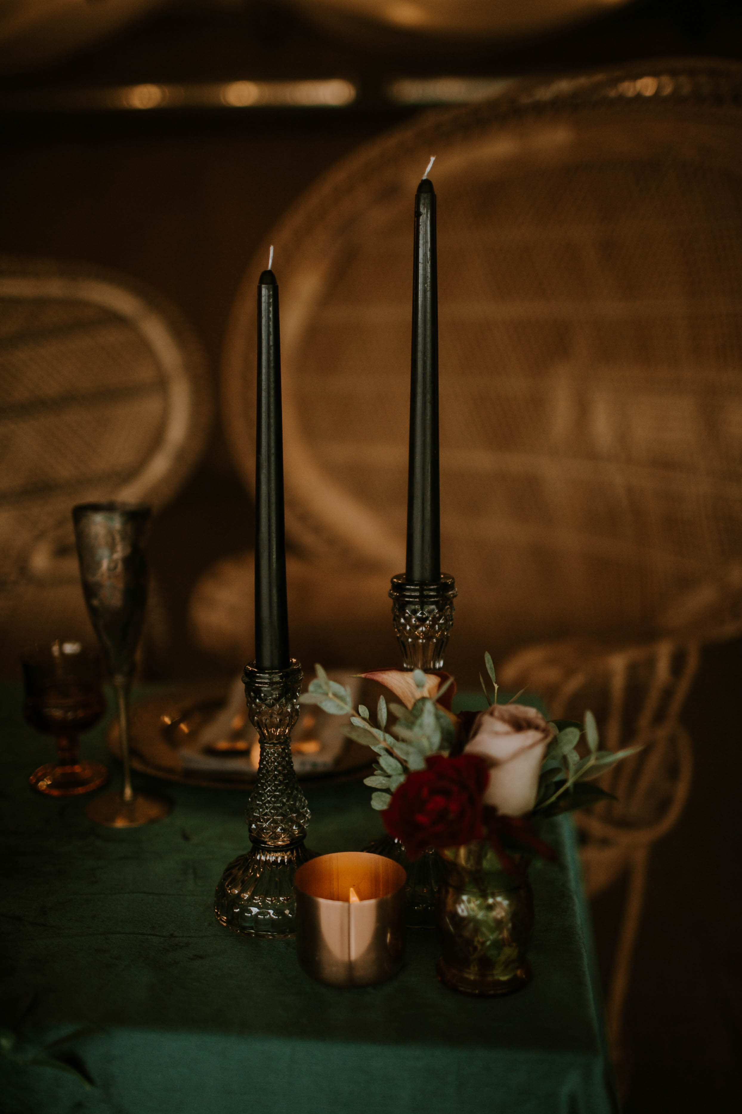 Black candles wedding decor: Moody Fall Wedding Styled Shoot captured by Gabrielle Daylor Photography. See more fall wedding ideas at CHItheeWED.com!