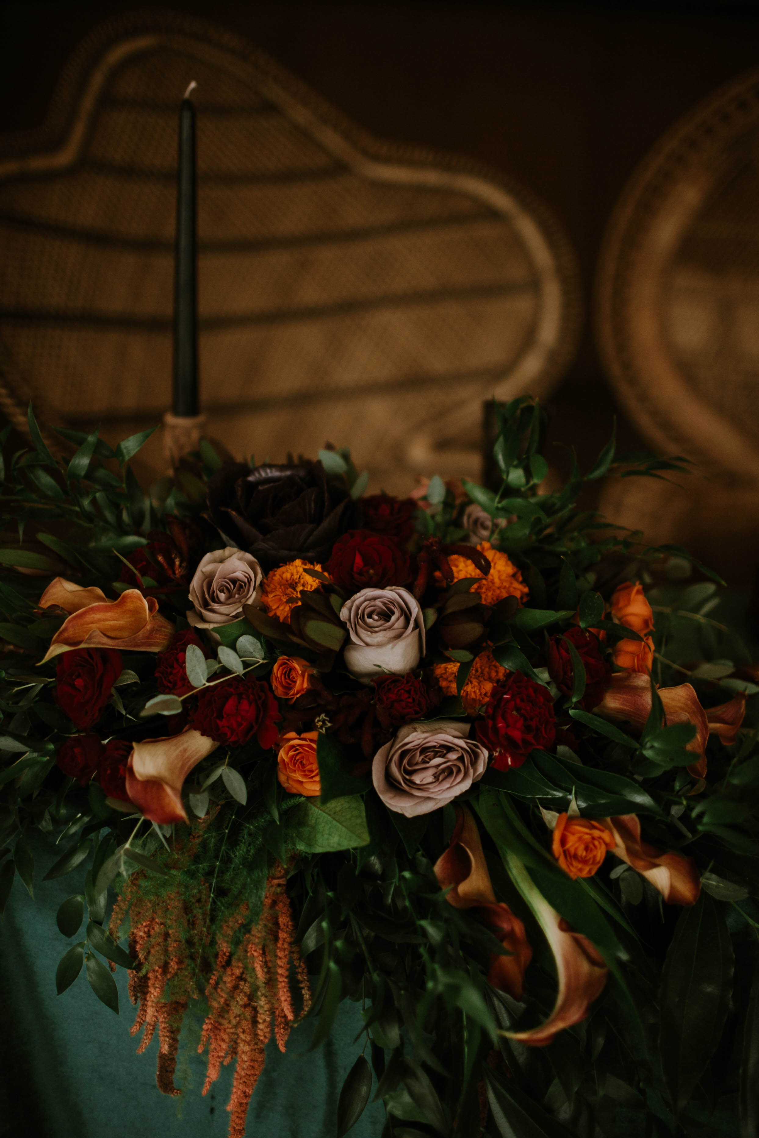 Dark floral centerpieces: Moody Fall Wedding Styled Shoot captured by Gabrielle Daylor Photography. See more fall wedding ideas at CHItheeWED.com!