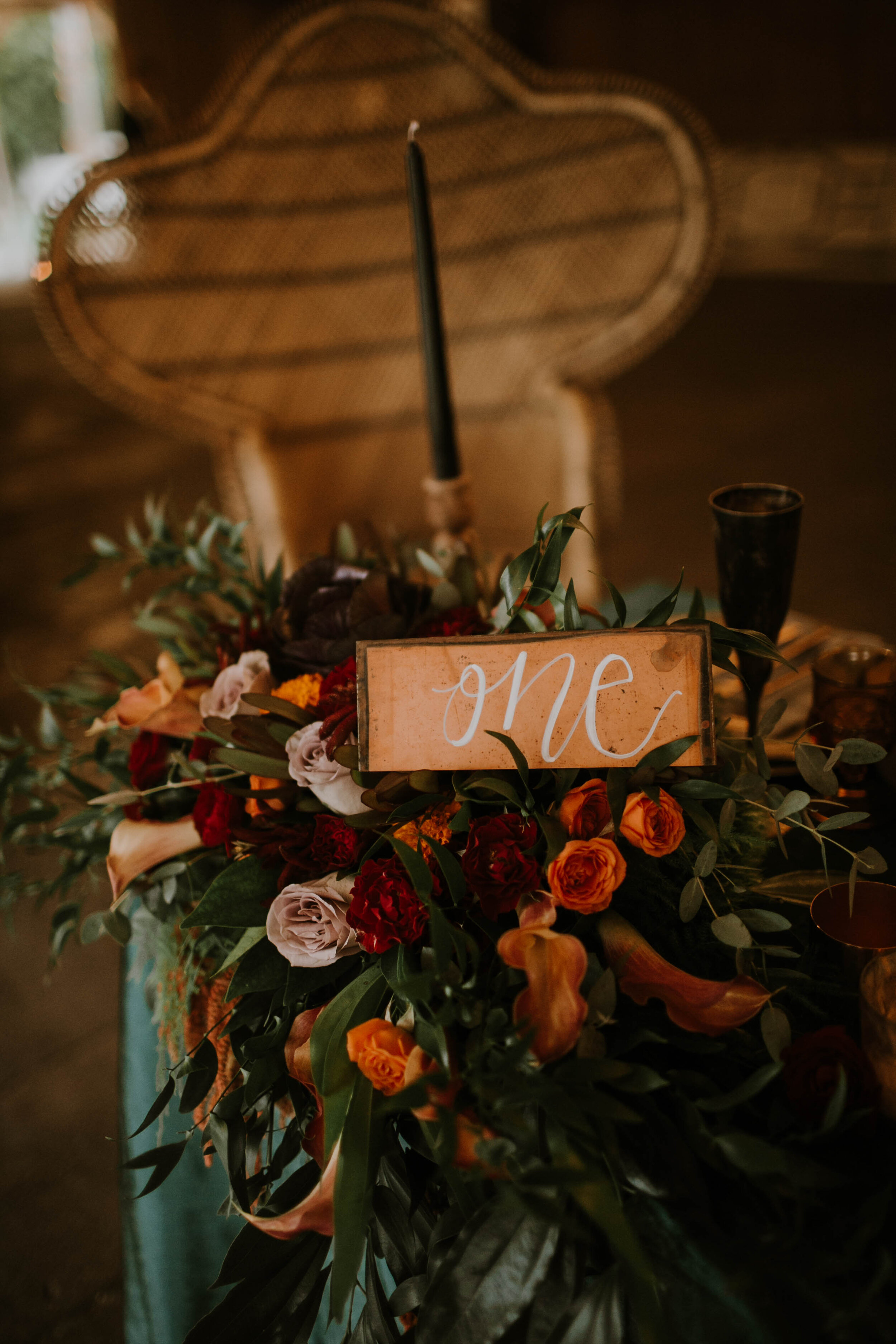 Handwritten wedding table number: Moody Fall Wedding Styled Shoot captured by Gabrielle Daylor Photography. See more fall wedding ideas at CHItheeWED.com!