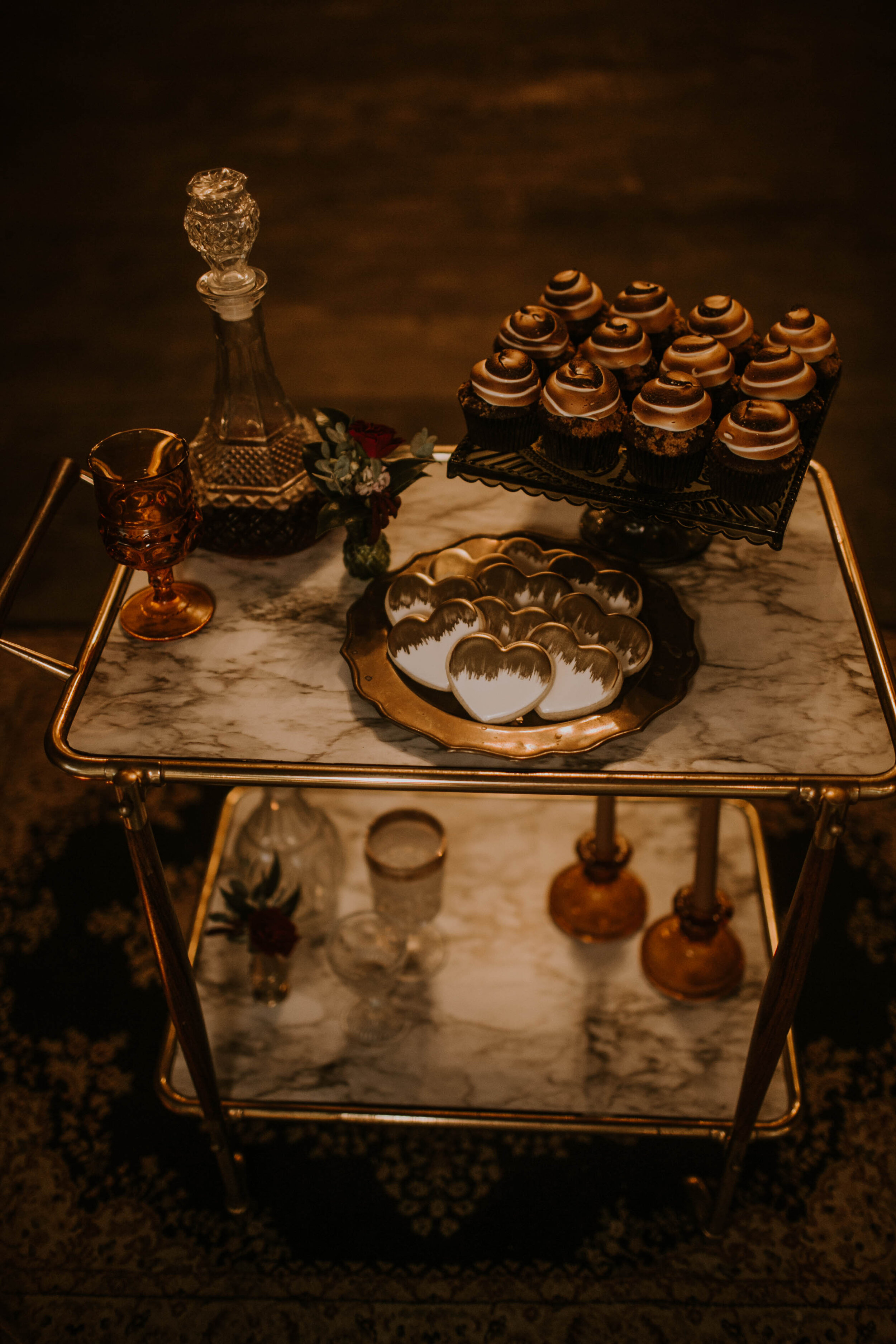Bar cart wedding dessert table: Moody Fall Wedding Styled Shoot captured by Gabrielle Daylor Photography. See more fall wedding ideas at CHItheeWED.com!