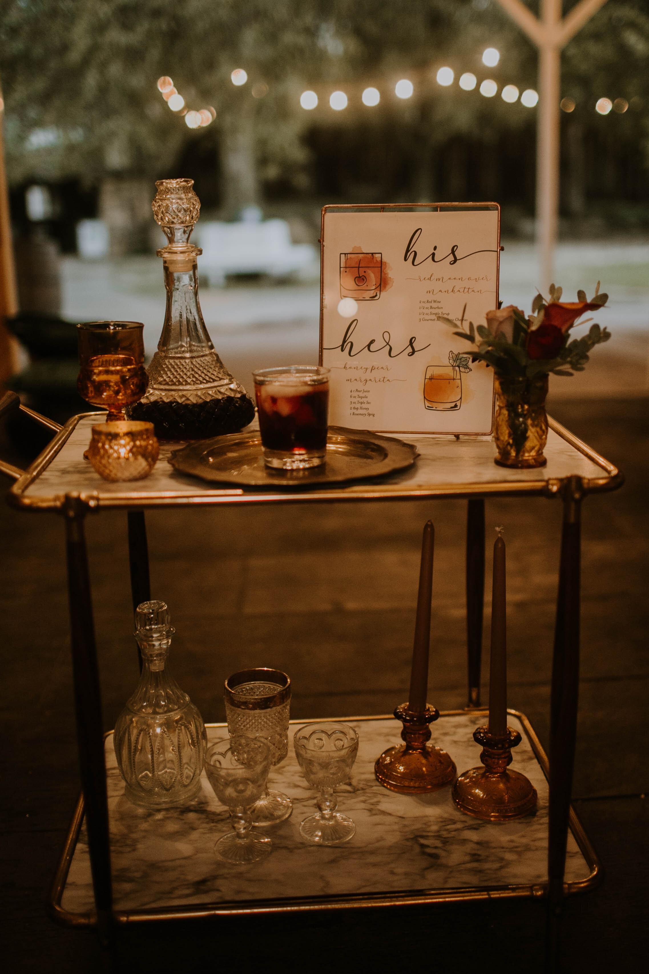 Wedding drink cart: Moody Fall Wedding Styled Shoot captured by Gabrielle Daylor Photography. See more fall wedding ideas at CHItheeWED.com!