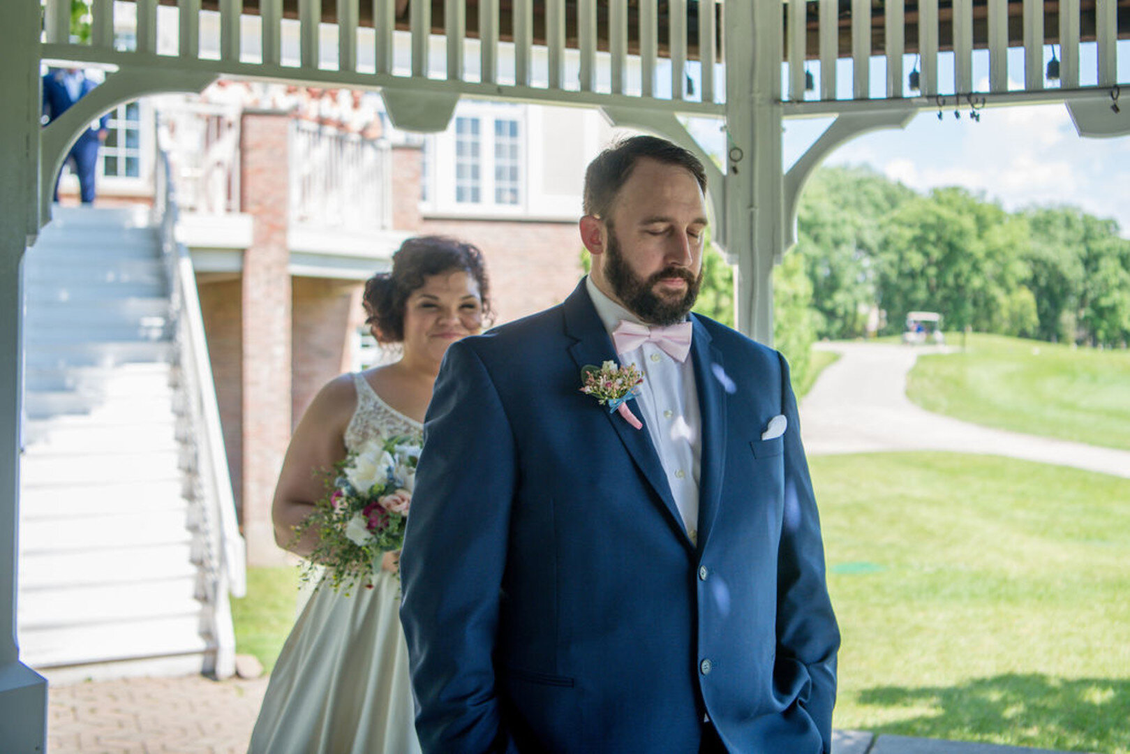 Wedding First Look: Romantic Ruffled Feathers Golf Club captured by OKBritKnee, INC. See more wedding inspiration at CHItheeWED.com!