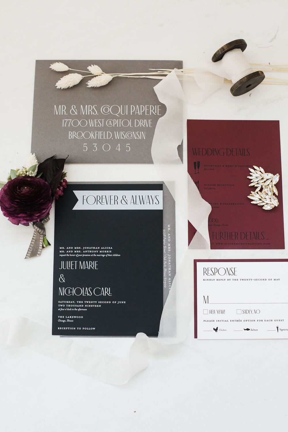 Modern Wedding Stationery: Pretty Plum &amp; Modern Elements Wedding Inspiration captured by Hazel + Skye featured on CHI thee WED