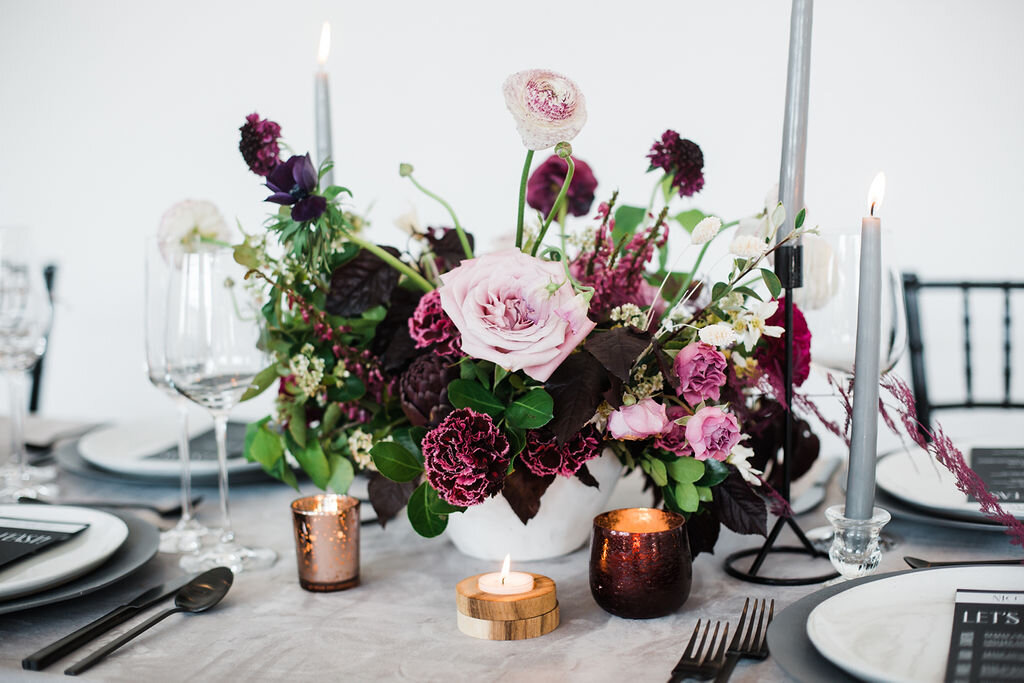 Pink and Purple Wedding Centerpiece: Pretty Plum &amp; Modern Elements Wedding Inspiration captured by Hazel + Skye featured on CHI thee WED