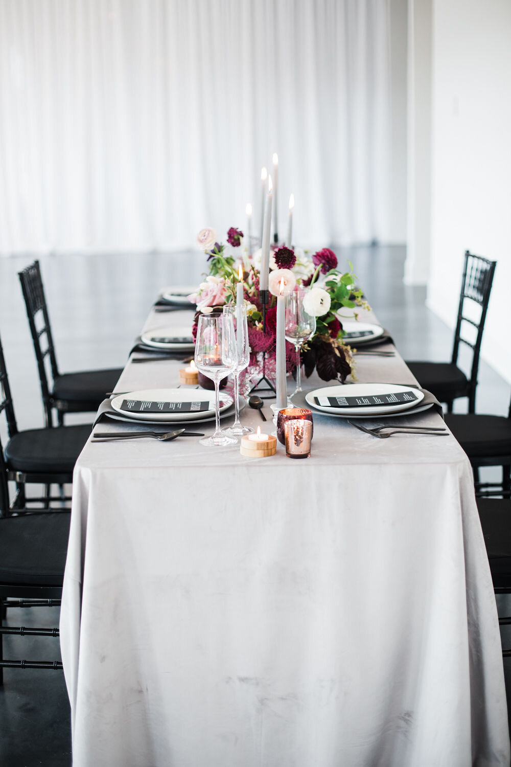 Gray and Purple Wedding Tablescape: Pretty Plum &amp; Modern Elements Wedding Inspiration captured by Hazel + Skye featured on CHI thee WED