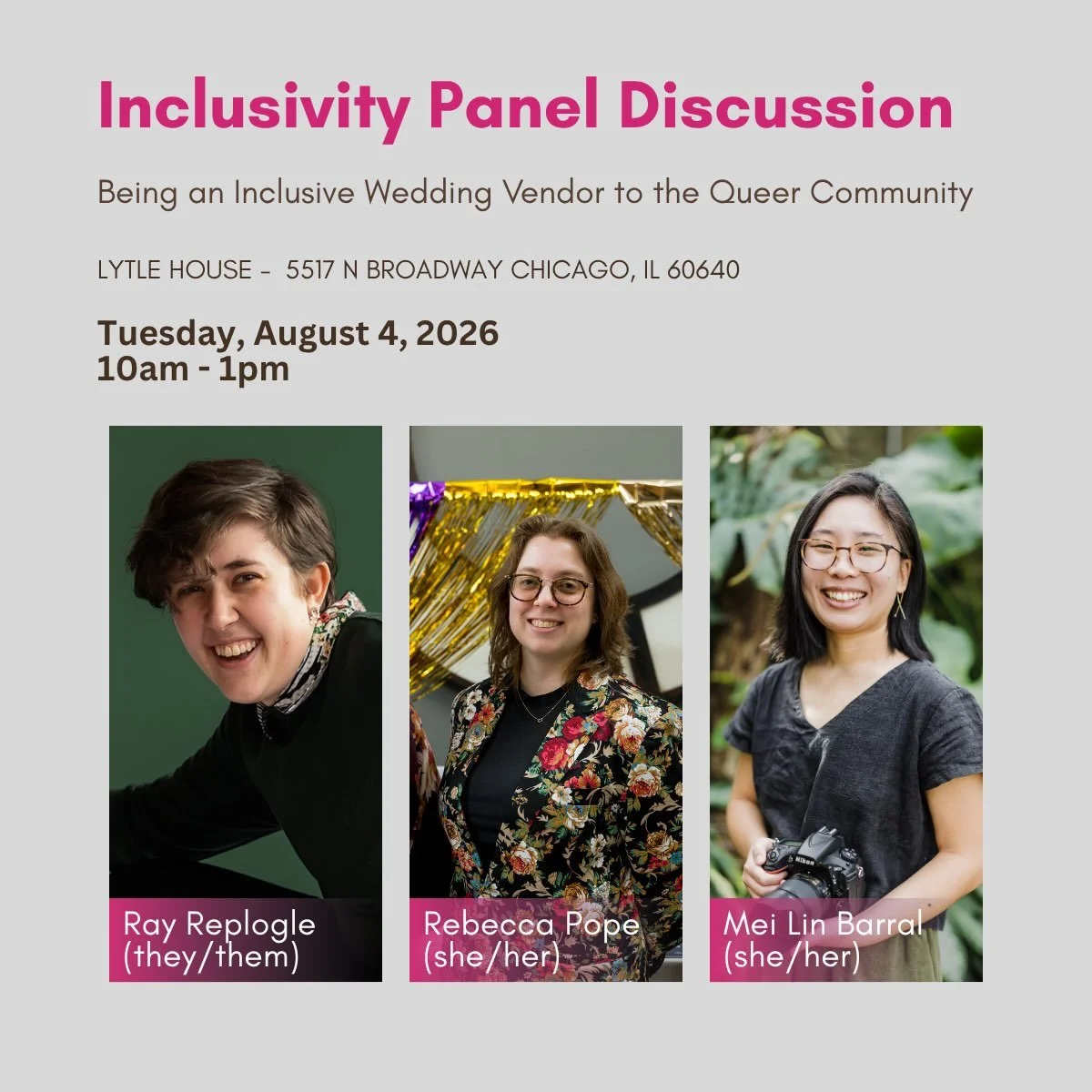 ARE YOU A WEDDING VENDOR?
We are excited to share an upcoming panel event, teaming up with the people that created the @chicagoqueerweddingshow!
Being an inclusive person is important but are you an inclusive wedding vendor? This panel discussion wil