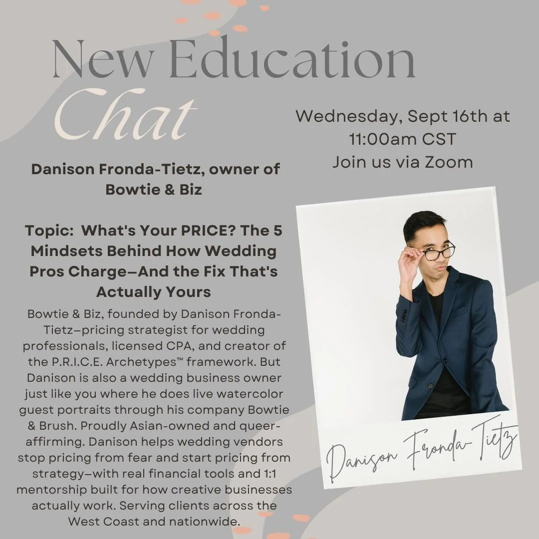 Our next @chitheewed Community Exclusive Education is next week on Wednesday, Sept 16th! 
We are proud to be bringing in Bowtie &amp; Biz founder by Danison Fronda-Tietz&mdash;pricing strategist for wedding professionals, licensed CPA, and creator of