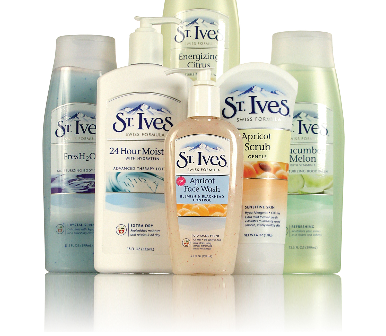 St. Ives - photo manipulation and design . Design and line extension for a large family of products featuring trilingual content for the international market.