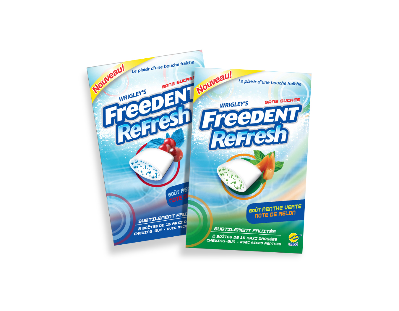 FreeDent Refresh - illustration and design . Package and logo design for a new sub-brand of FreeDent gum. Highly successful in the French market, this gum was targeted specifically to women.