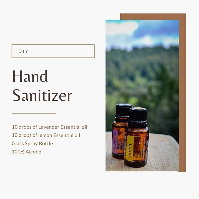 Easy to make hand sanitizer! ⠀⠀⠀⠀⠀⠀⠀⠀⠀
Grab a 10oz glass spray bottle and fill it 3/4 of the way with 90-100% alcohol. Next, add 10 drops of lavender essential oil and 10 drops of lemon essential oil. Fill the remainder of the bottle with alcohol (le