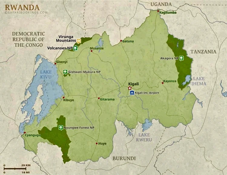 Rwanda is the size of Albania or the U.S. state of  Vermont.
