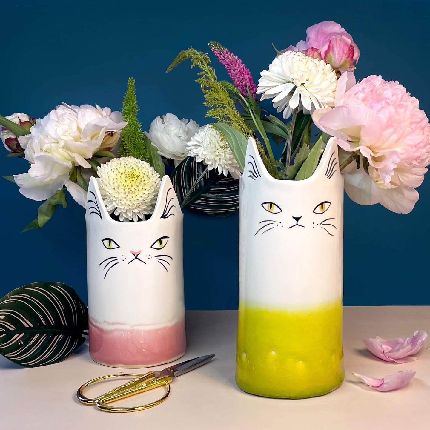 Cat vases with dipped glazed bottoms.

I&rsquo;ll be making more of these in October once my slab roller gets delivered 🫶

I&rsquo;ve also been transitioning away from Etsy to launch my new shop website, I&rsquo;m excited to share this with you soon