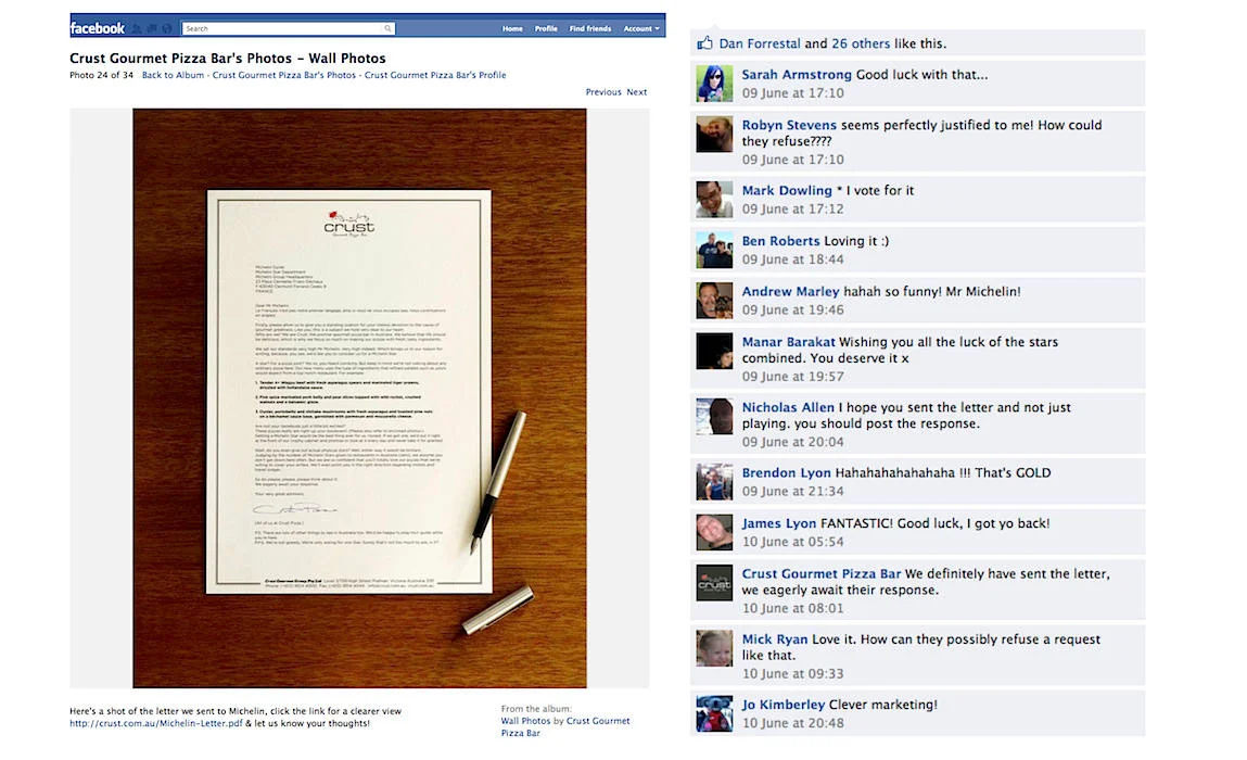  As well as a print campaign, social channels were used to gain support for our quest for a Michelin Star. Here we see a letter that we posted to Michelin by snail mail, but not before posting it up on Facebook. 