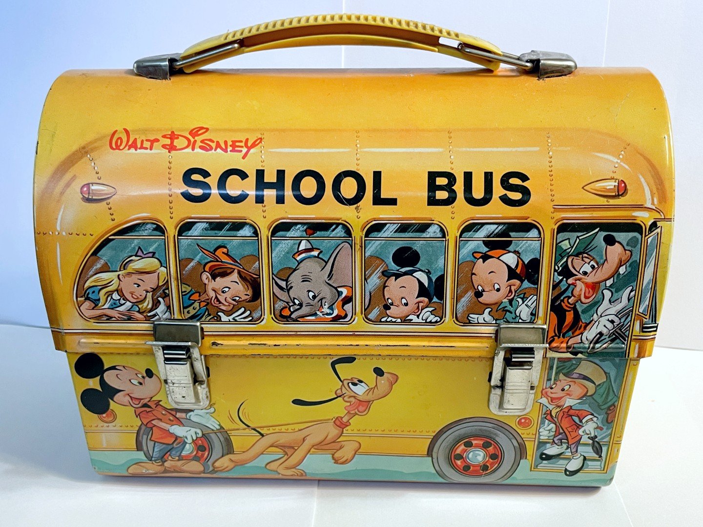 Clean 1961 Aladdin Disney School Bus Dome Lunch Box — Tobias Toys & Trains