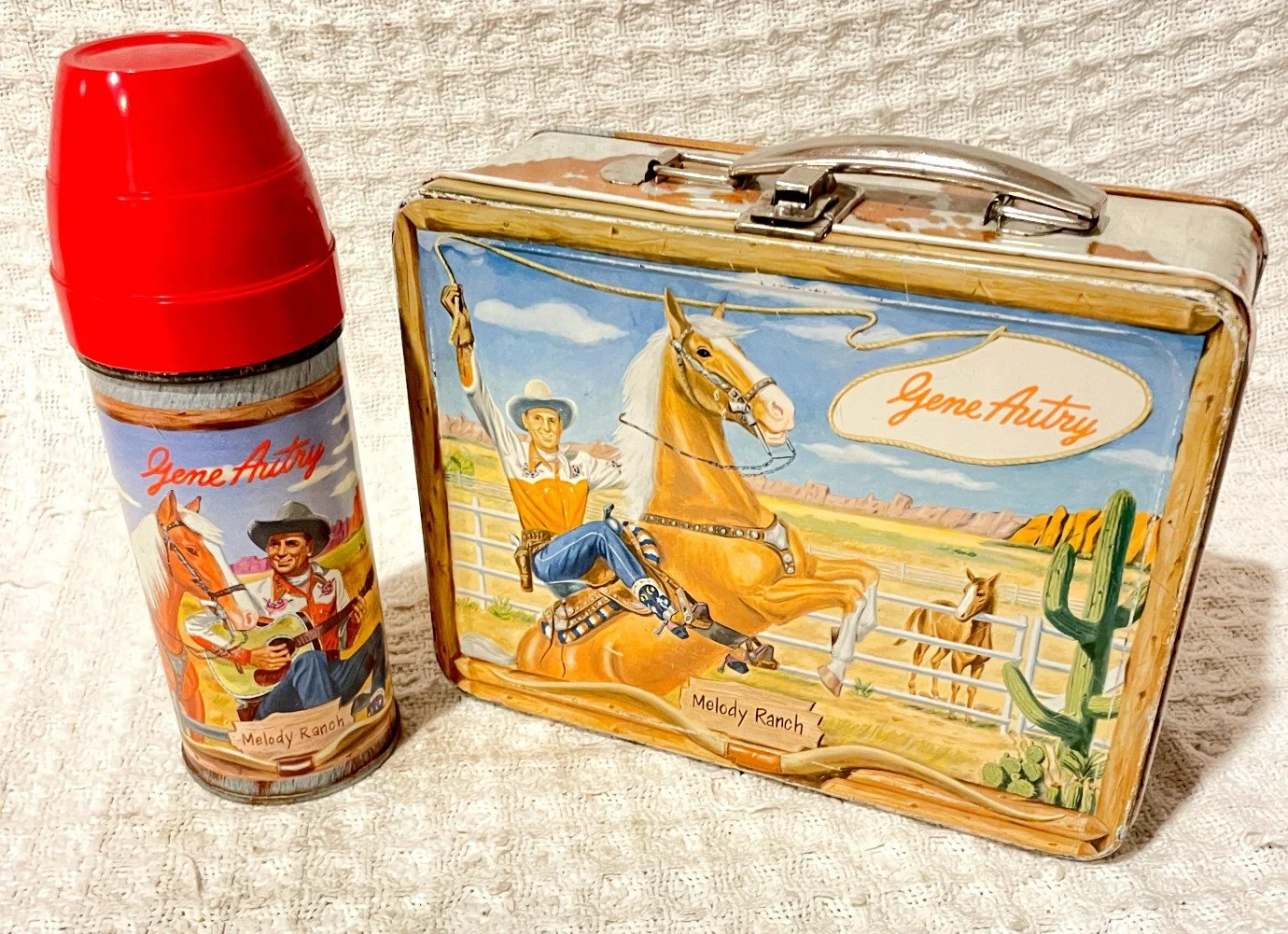 Nice 1954 AM Thermos Gene Autry Melody Rand Lunch Box & Thermos