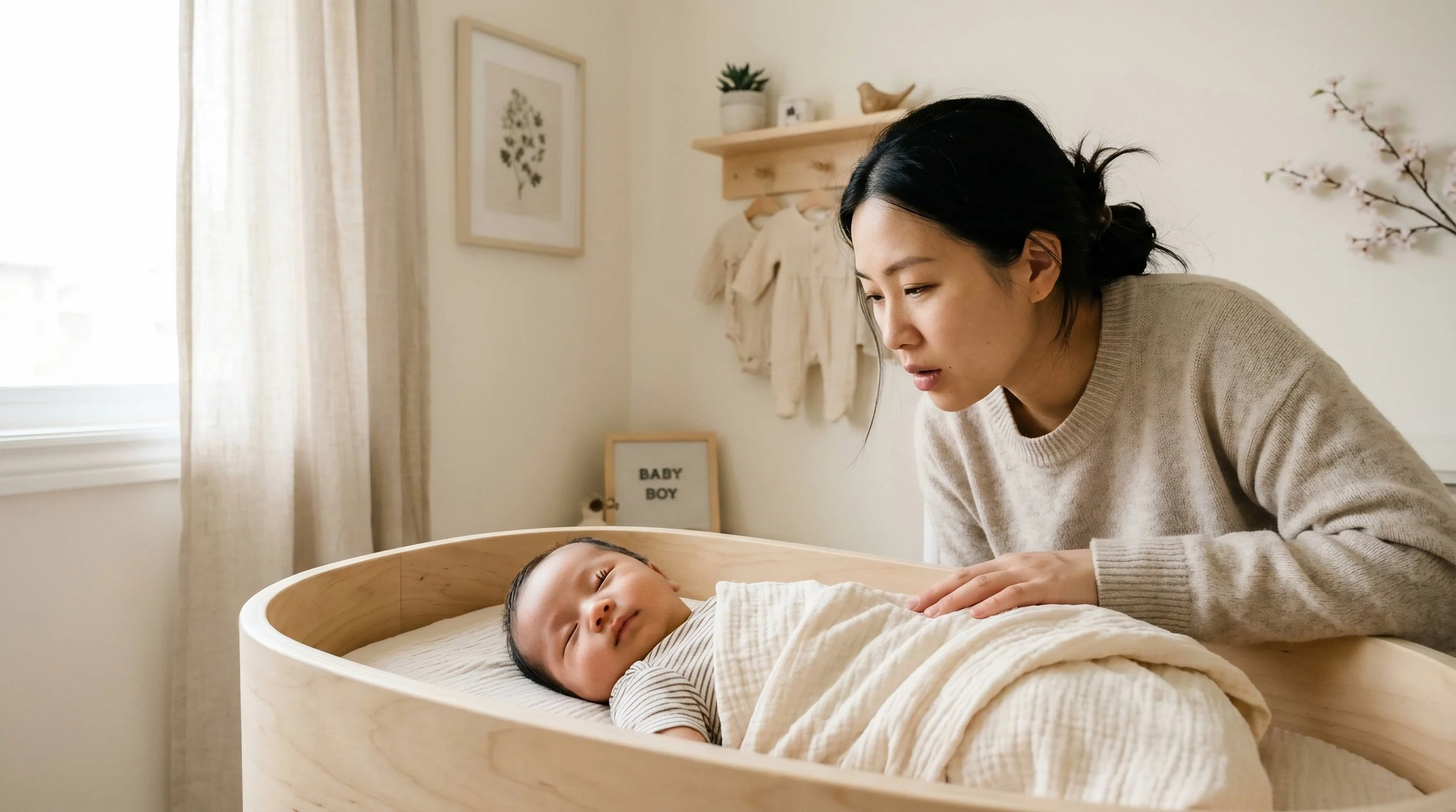 A woman leaning over a crib, looking at a sleeping baby with dark hair, in a bright nursery decorated with minimalistic art, plants, and soft colors.