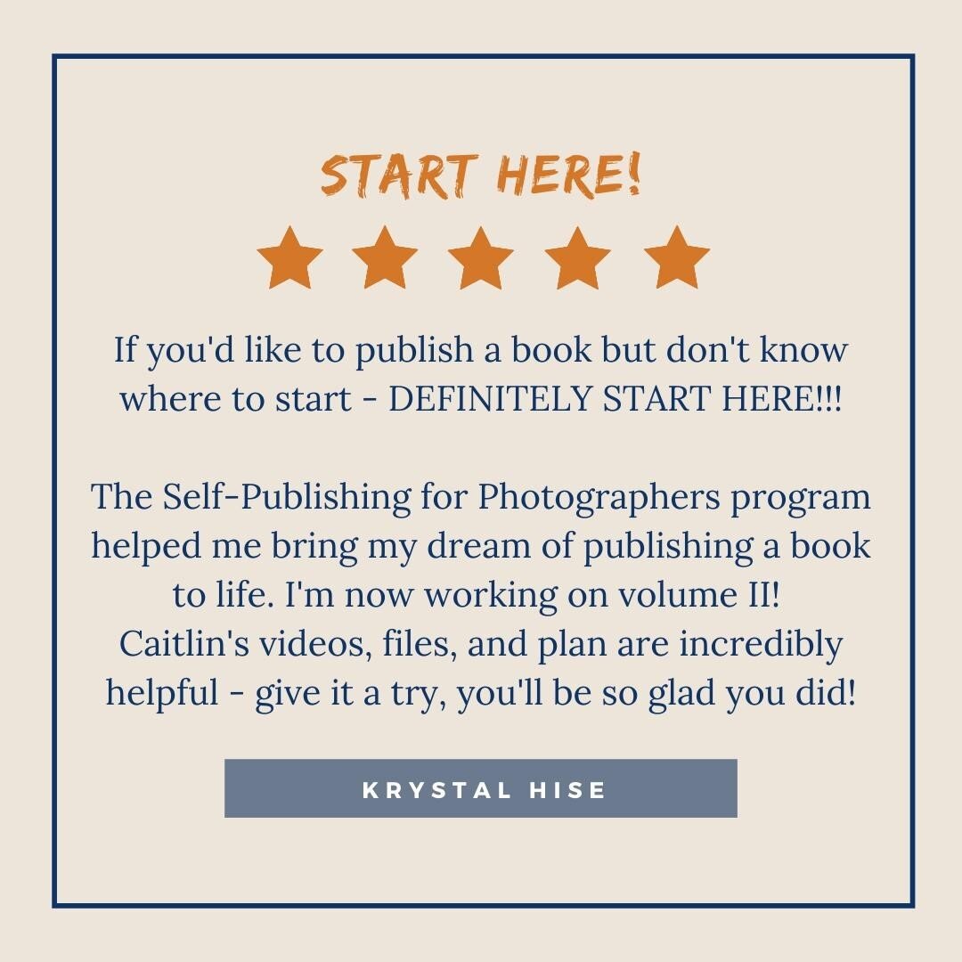 Awesome review from one of our program authors, Krystal Hise (thanks Krystal!)⠀
⠀
&quot;If you'd like to publish a book but don't know where to start - DEFINITELY START HERE!!!⠀
⠀
The Self-Publishing for Photographers program helped me bring my dream
