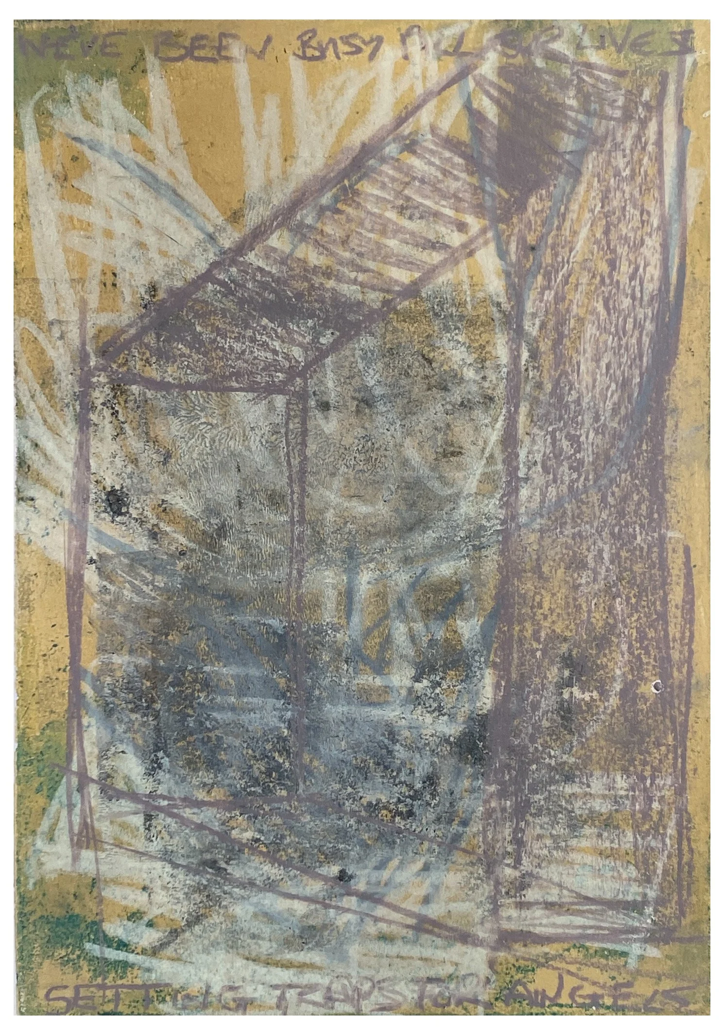 We've been busy our whole lives setting traps for angels. 2025. 
Acrylic monotype and wax oil pastel on paper. 
297 x 210 mm approx.