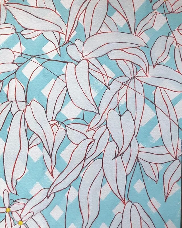 Re worked White leaves on blue trellis. For sale unframed 36x27cm. &pound;285. Please DM me if you&rsquo;re interested 🙏🏻