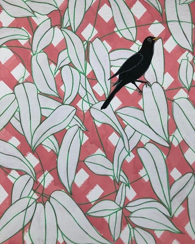 Black bird on pink trellis. For sale, 36x27cm unframed. &pound;285. Please DM me if you&rsquo;re interested.