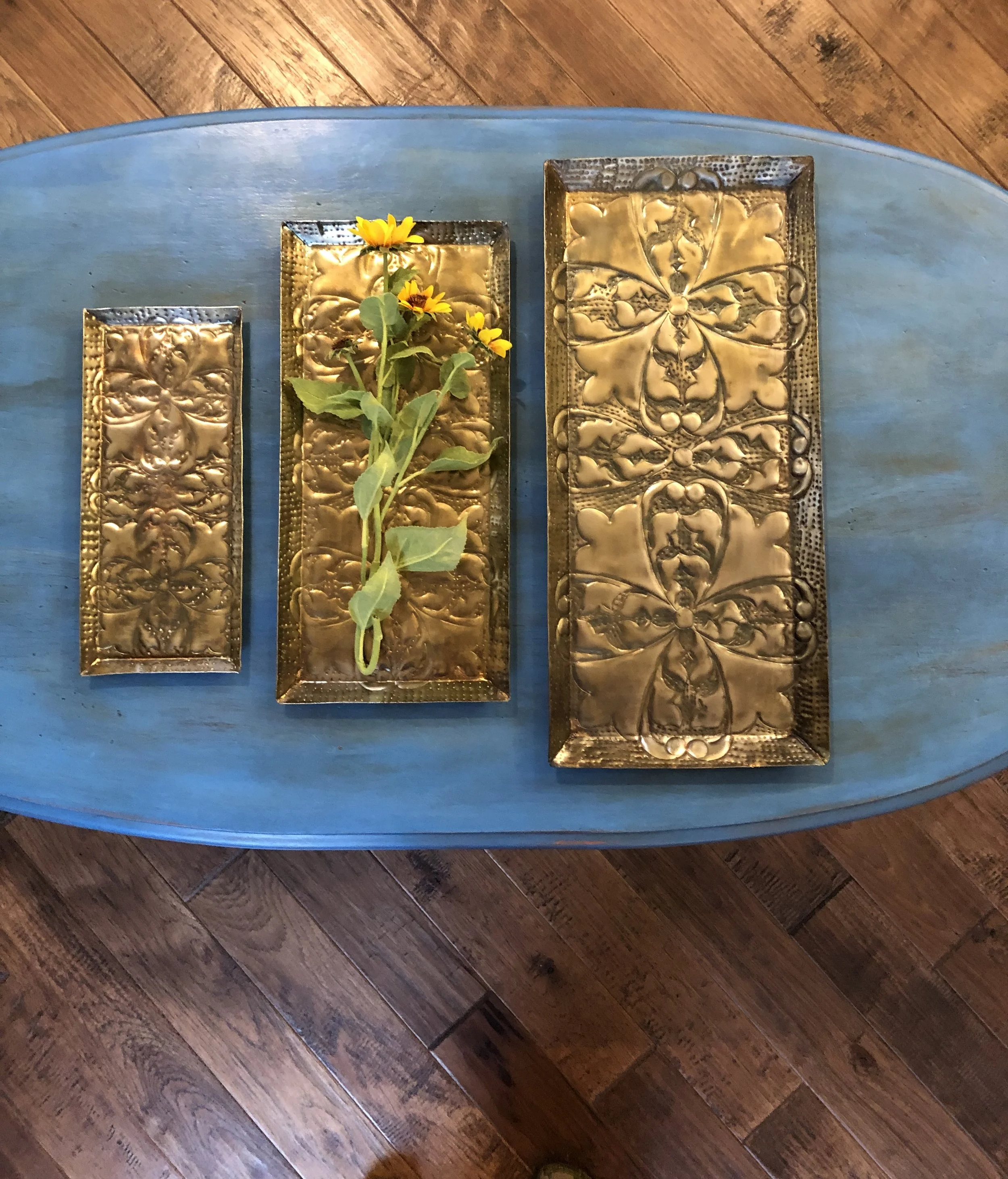 Antique-Style, Copper-Finish Embossed Trays, Set of 3