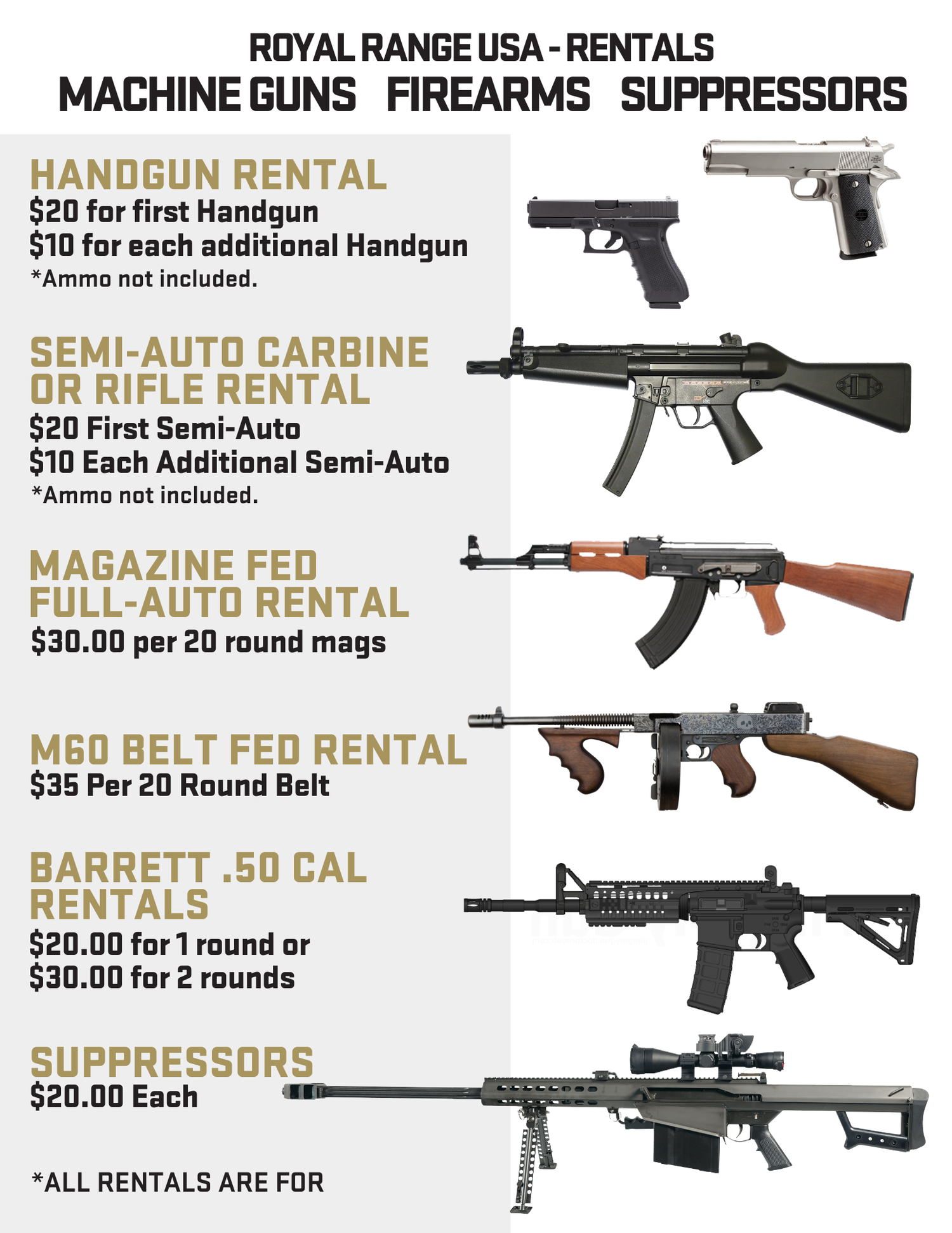 Machine Gun Rentals RENTAL LIST PRICING — ROYAL RANGE USA