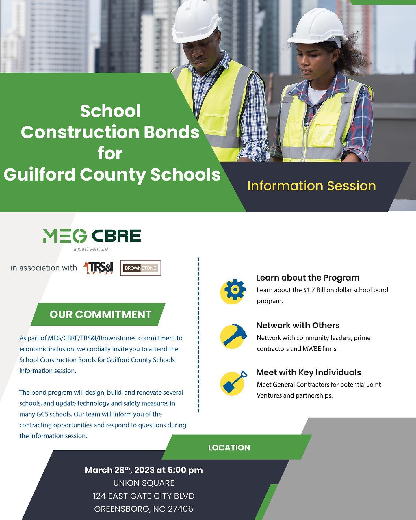Meet us tomorrow in Greensboro, NC where our team will be hosting an information and outreach session on the Guilford County Schools $1.78 billion Bond Program. Check out &quot;School Construction Bonds for Guilford County Schools&quot; on Eventbrite