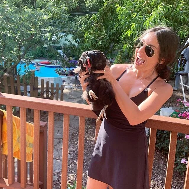 finding joy in the little things, like backyard family dinners and playing with pet chickens 🐓🖤