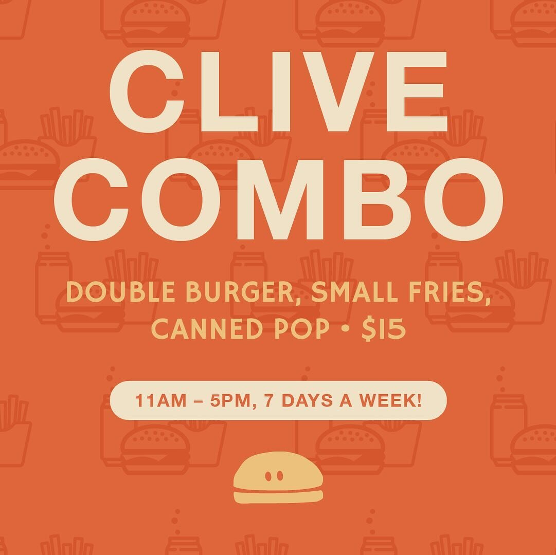 New! Clive Burger Combo!

Get a double burger, small fries, and canned pop for only $15.

Get in on this deal from 11am - 5pm, 7 days a week!
.
.
.
.
.
#CliveBurger #YYCBurgers #Clive #AlbertaBeef #YYC #YYCNow #MeetMeOn17th #YYCEats