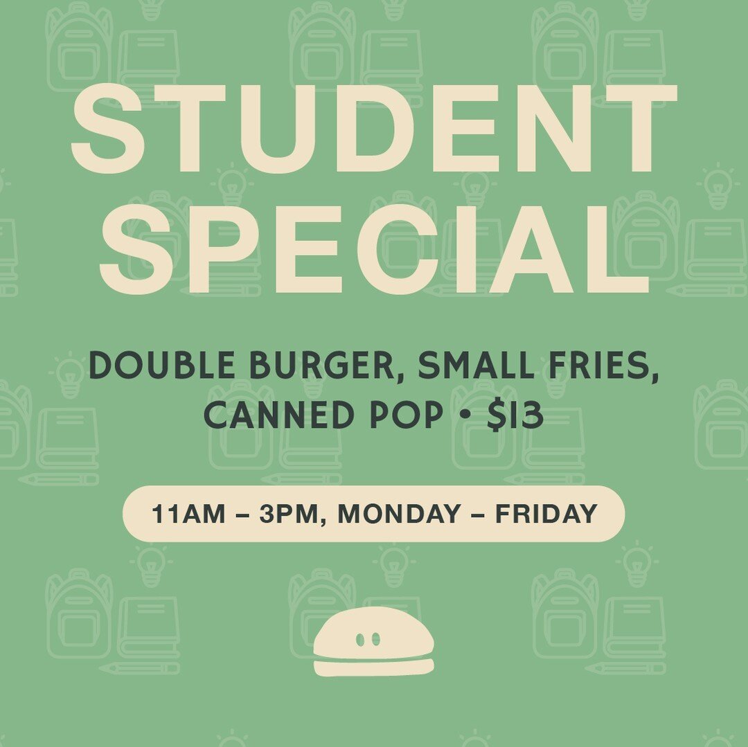 📣Calling all students! 

Show your valid Student ID to score our NEW Student Special for only $13!
Double burger ✅
Small fries ✅
Canned pop ✅

11am - 3pm
Monday - Friday
.
.
.
.
.
#CliveBurger #YYCBurgers #Clive #AlbertaBeef #YYC #YYCNow #MeetMeOn17