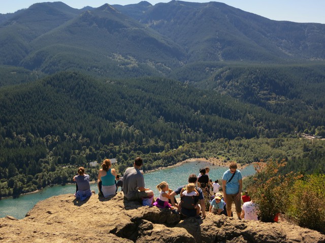 Hikers on Rattlesnake Ledge near North Bend, Washington.