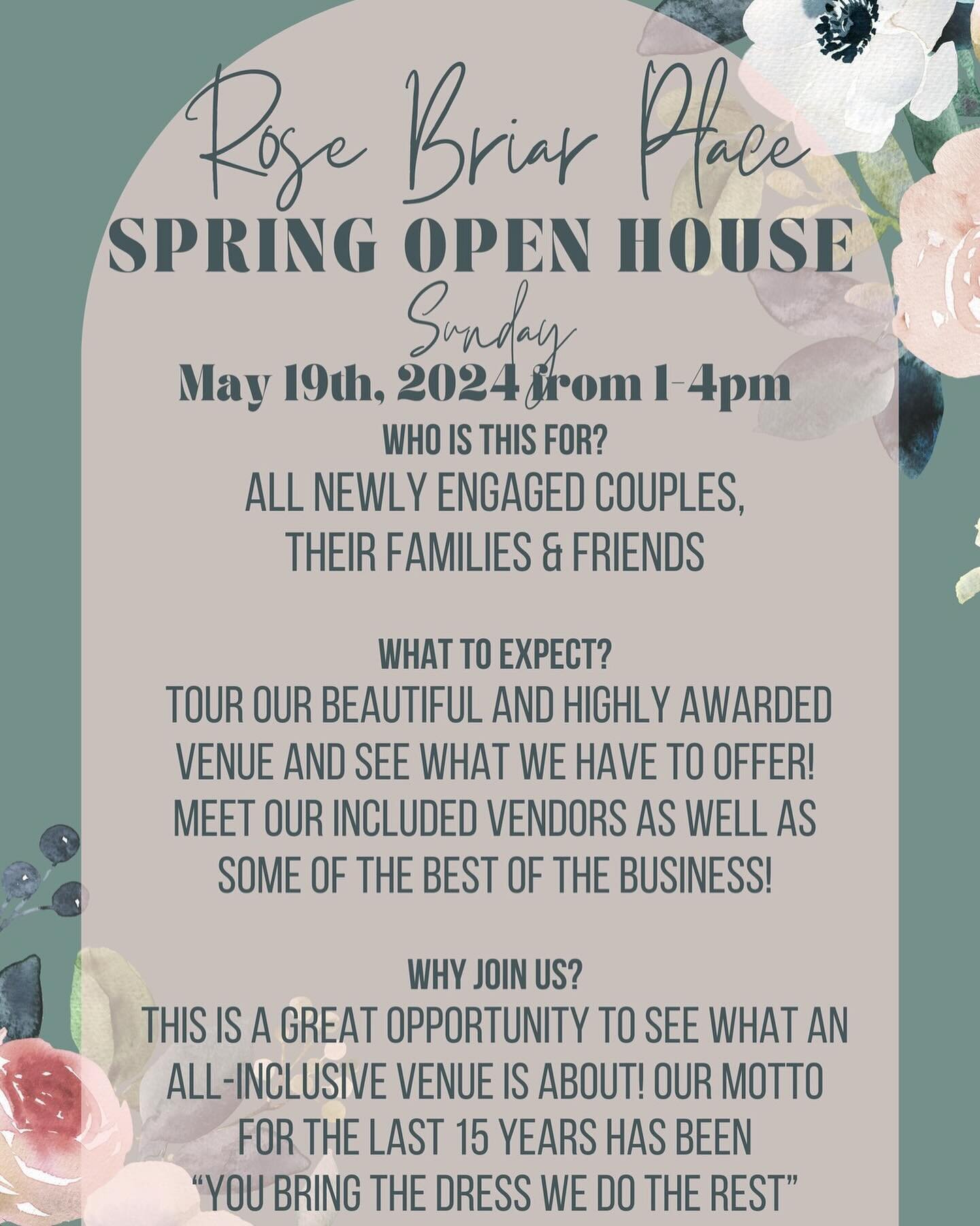 We are super excited to host a Spring Open House!! This is a great and fantastic experience for Newly Engaged couples to tour our Venue, talk with Planners and meet Vendors!! We will have our included vendors here to meet you, so you get a taste of w