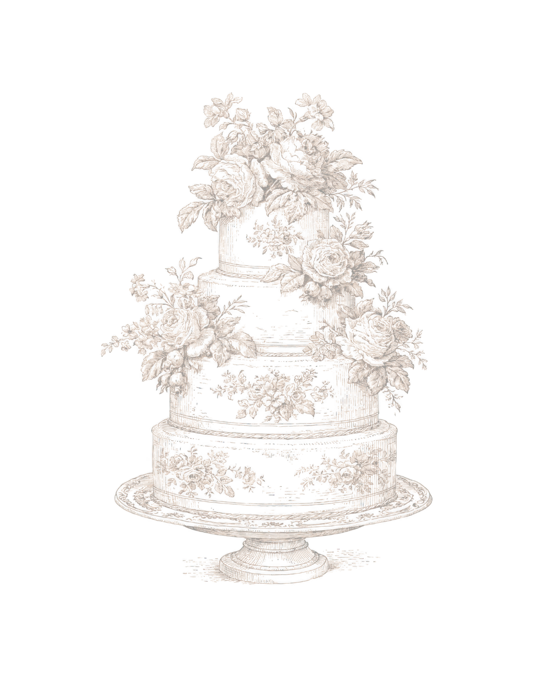 A monochrome drawing of a tiered cake adorned with flowers and foliage on a cake stand, with additional floral decorations on top.