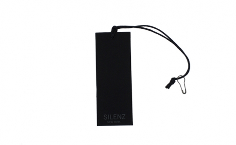 Hang tag with black elastic and pin