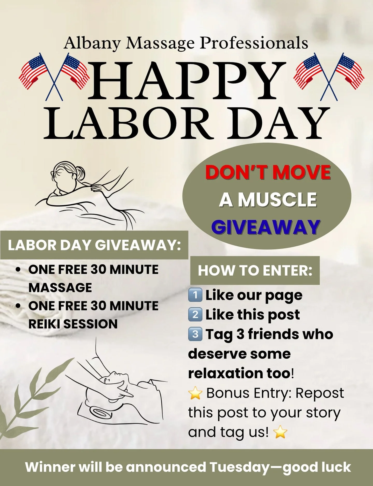 ✨ Happy Labor Day! ✨We&rsquo;re celebrating all of your hustle by letting you not move a muscle! 💆&zwj;♀️💆&zwj;♂️
We&rsquo;re GIVING AWAY a 30-minute massage + 30-minute Reiki session to one lucky winner!
How to enter:
1️⃣ Like our page
2️⃣ Like th