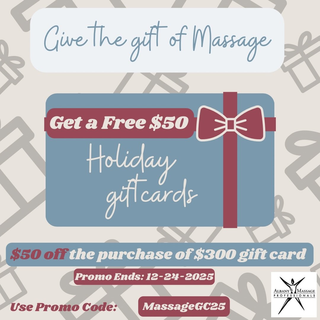 ✨ Give the Gift of Relaxation! ✨

This holiday season, when you purchase a gift certificate of $250 or more at Albany Massage Professionals, you&rsquo;ll receive a $50 credit absolutely FREE! 🌿✨ It&rsquo;s the perfect way to share the gift of self-c