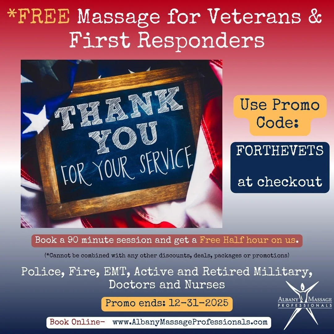 🇺🇸 Honoring Those Who Serve 🇺🇸

Active and retired military members, police, fire, and first responders &mdash; this one&rsquo;s for you.
Now through December 31, 2025, enjoy a FREE 30-minute massage when you book any 90-minute (or longer) sessio