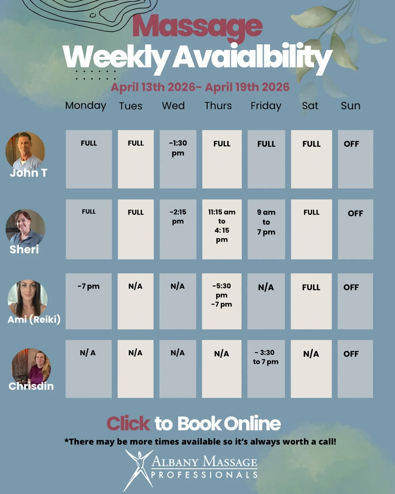 This week&rsquo;s massage availability.

Don&rsquo;t sleep on your self care. You can take those ZZZZZZ on the massage table! 
 
Book your appointment today, your body and mind are counting on it