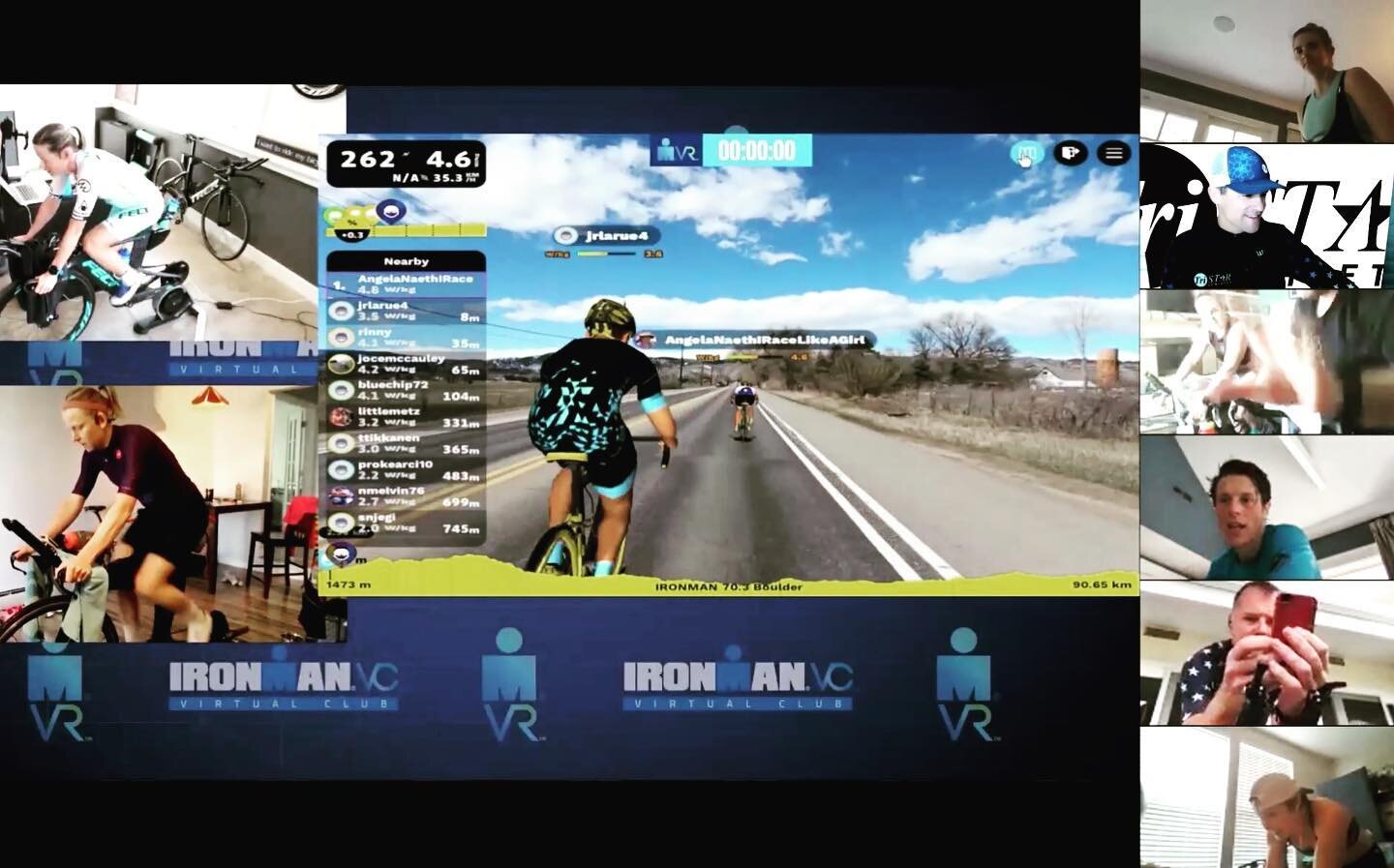 Tristar Virtual Race Camp in action.  Tristars racing together remotely.

Riding along side the pro woman at VR1. #ironmanvr1 #tristarathletes #anywhereispossible 
@ironmantri @gorouvy