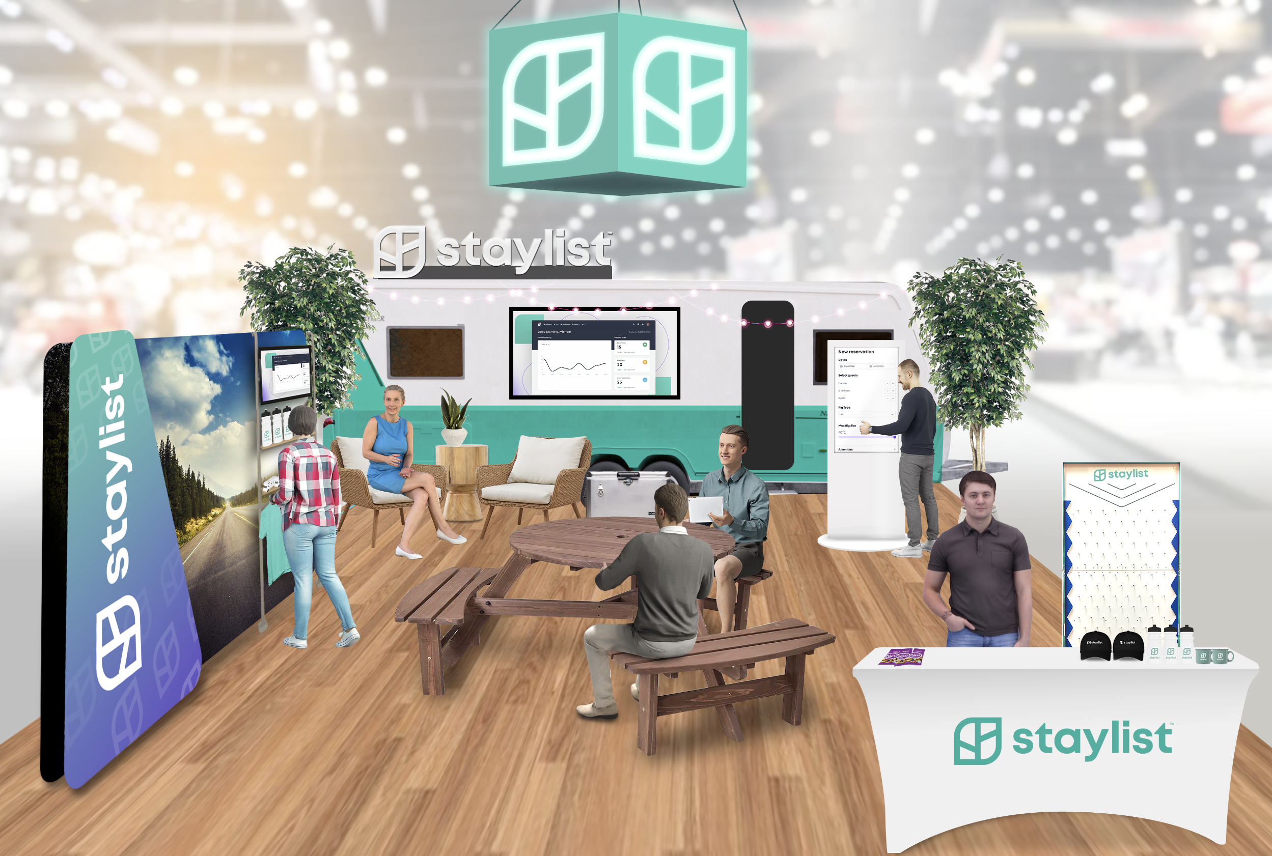  For a more classic tradeshow, the owners of Staylist wanted a more private area to diagnose potential clients’ issues. We ditched the storage container and brought in a custom-wrapped camper. We attracted people in with interactive screens, games, a