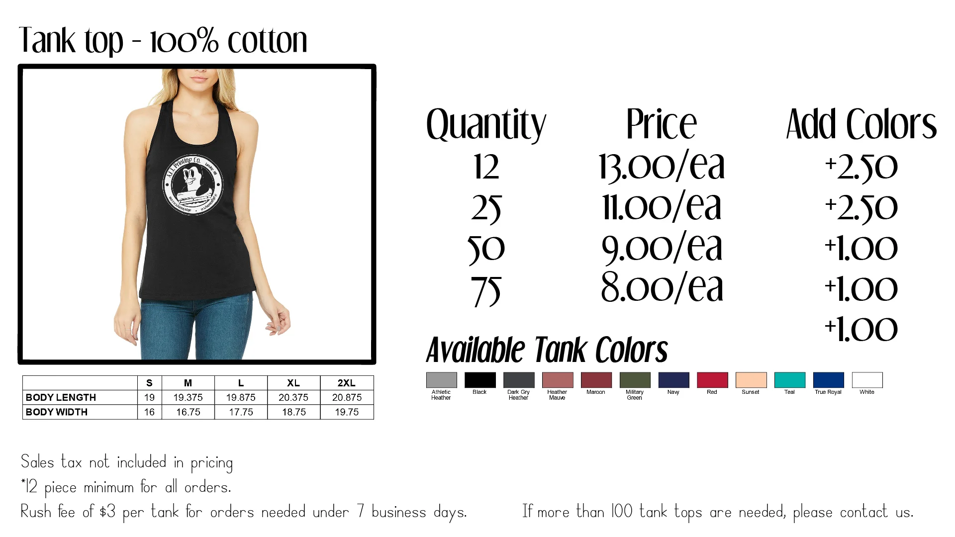 These are printed on Bella + Canvas Shirts or Next Level. High quality shirts that hold up best over time and years of washing. Design work and One color front and back included with price.