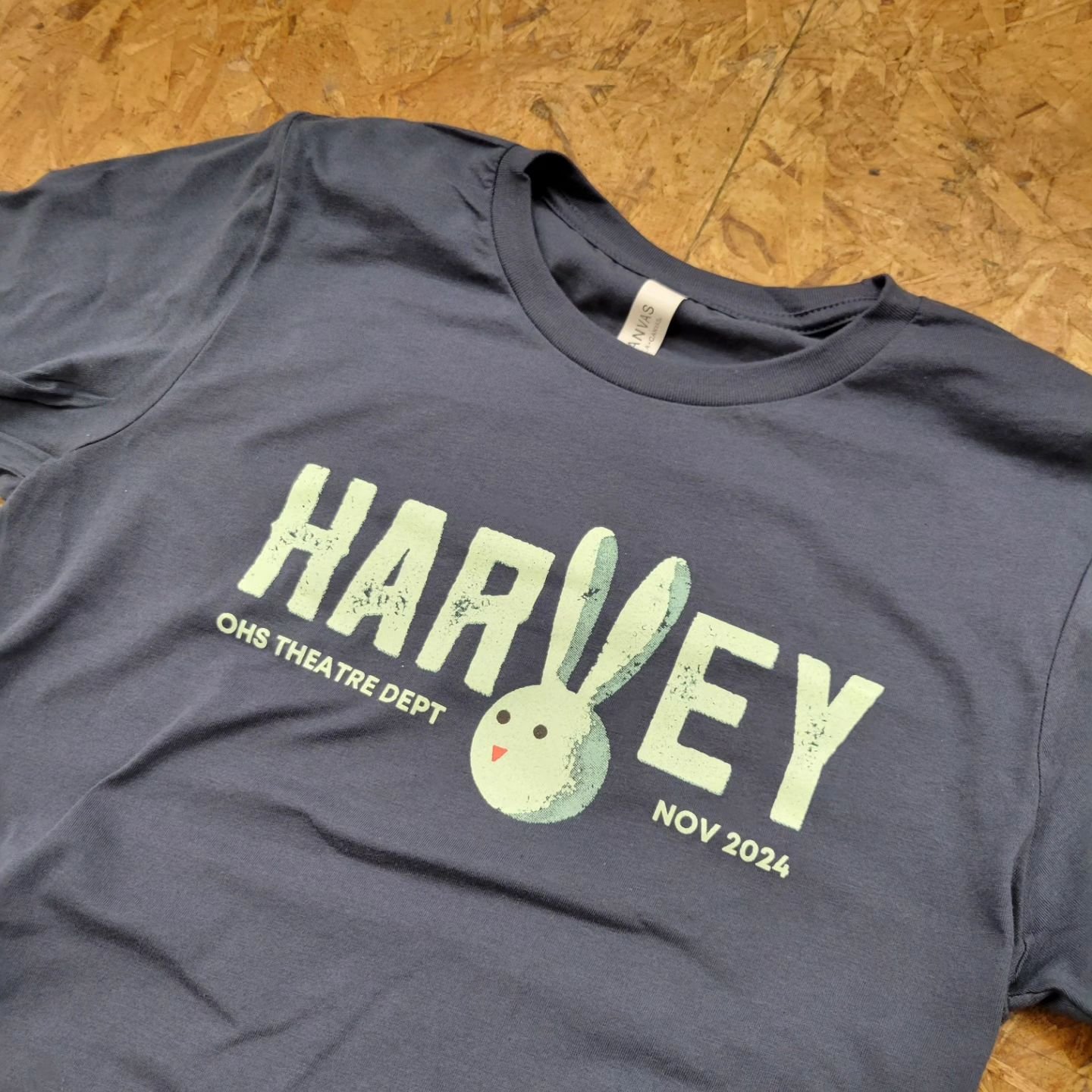 Shirts for @okemostheatre upcoming show, Harvey! Printed on Vintage Navy