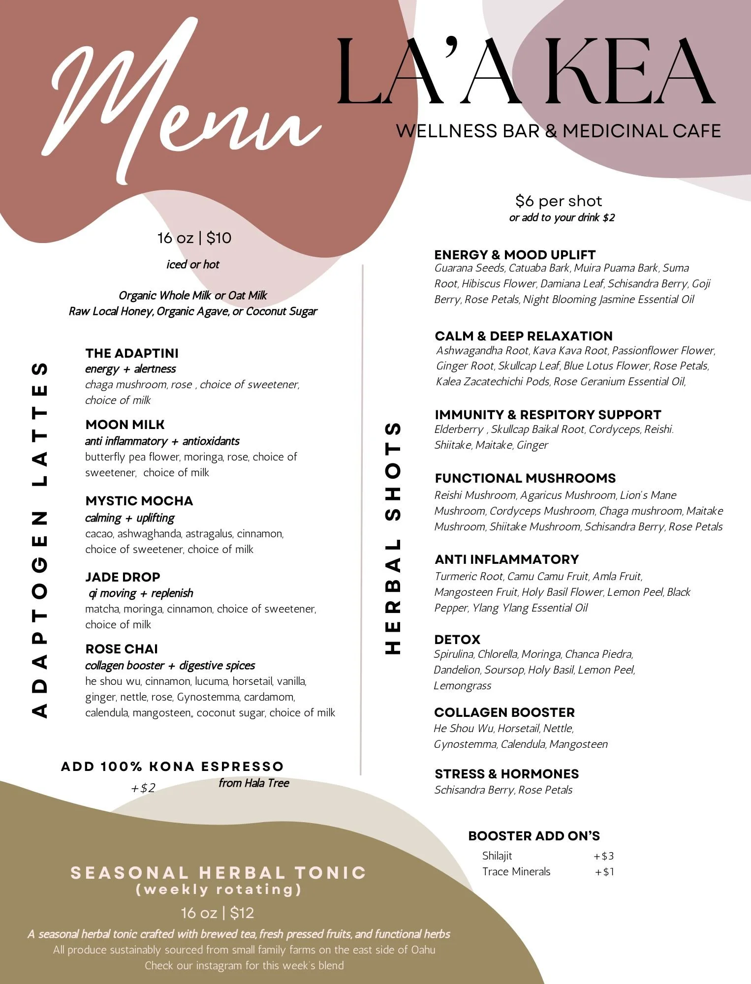 Wellness drink menu featuring adaptogen lattes, herbal tonics, and functional beverages in Oahu