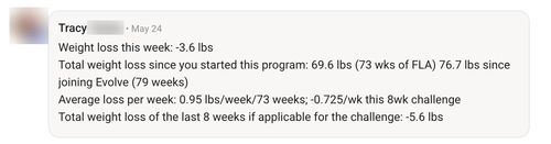 Member weekly check-in: down 76.7 lbs since joining Evolve over 79 weeks