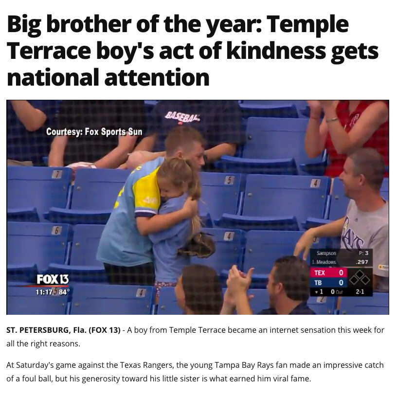 Boy Gives Foul Ball to Little Sister