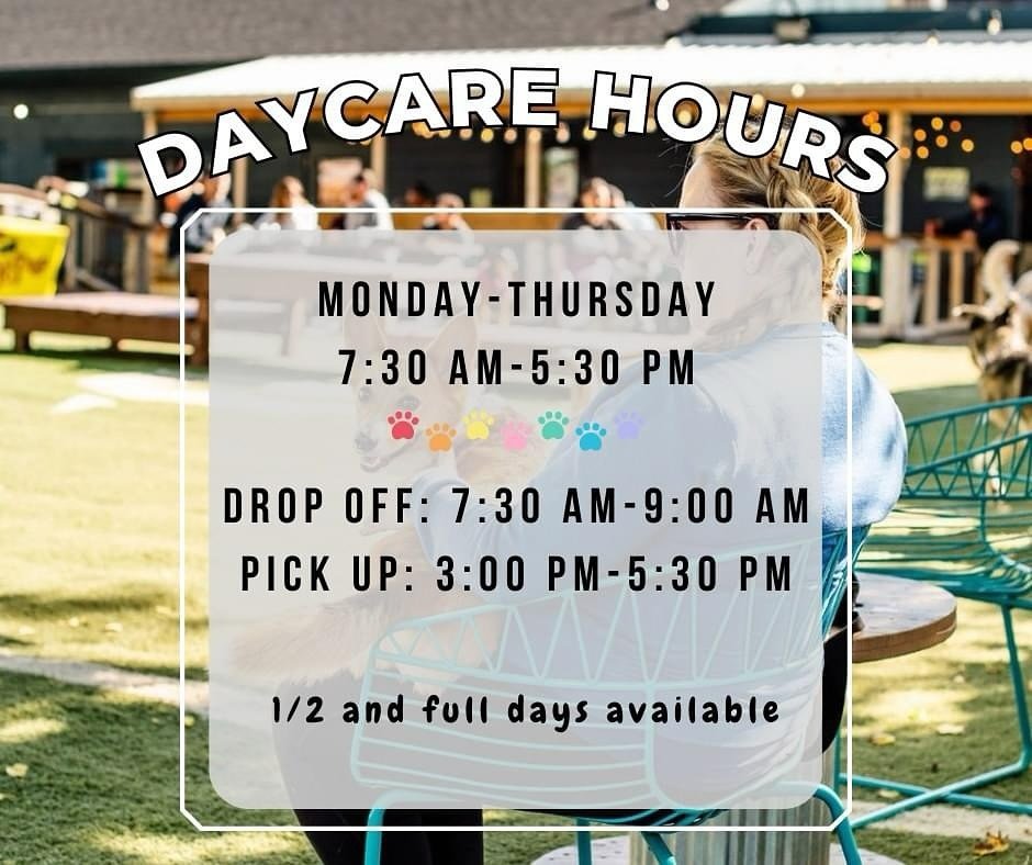 🫶Doggy Daycare hours 🫶

MONDAY-THURSDAY

FULL DAYS:
Drop off: 7:30 AM-9:00 AM |  Pick up: 3:00 PM-5:30 PM 

1/2 DAYS:
Drop off: 7:30 AM-9:00 AM |  Pick up: by 1 PM

DM us if you have a question about drop off or pick up times! 

#dogdaycare&nbsp;#d