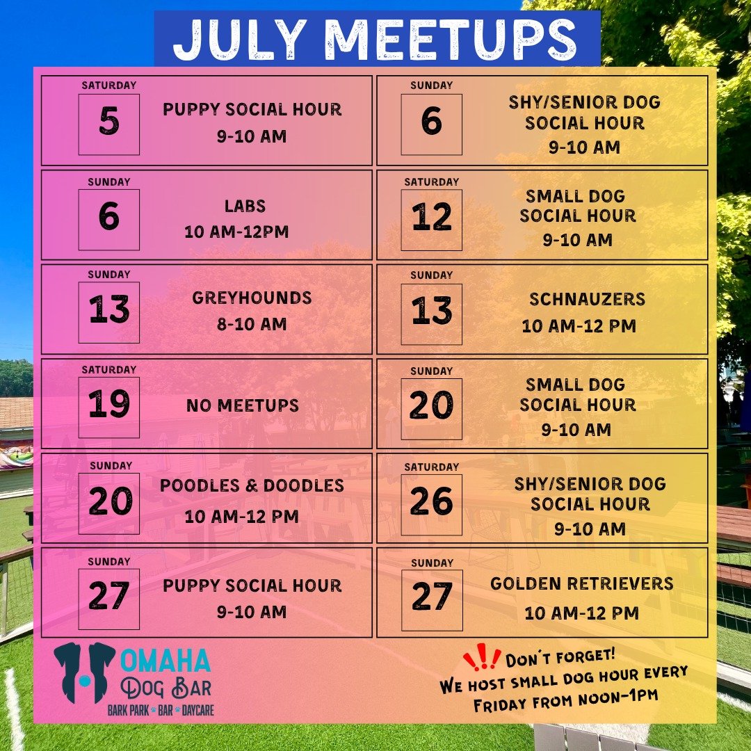 🐶📅 Get those calendars out!
It&rsquo;s time to mark down the dog meetups you won&rsquo;t want to miss! From tiny tail-waggers to big barkers, we&rsquo;ve got a meetup for every pup. Happy July, y'all! 
 🐾💛