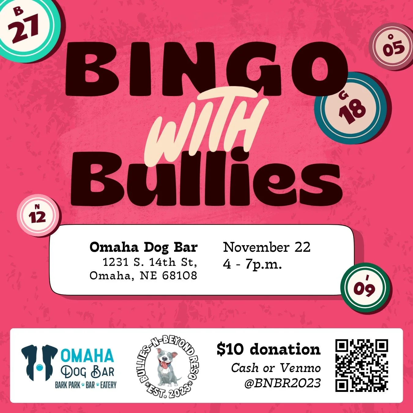 🎉🐾 Bingo Night Fundraiser for Bullies N Beyond Rescue! 🐾🎉

Join us Saturday, Nov 22 | 4&ndash;7 PM for a night full of fun, prizes, and pups with purpose! 💕

Every Bingo card = a chance to win and help dogs in need.
🎟️ $10 donation per card (Ve